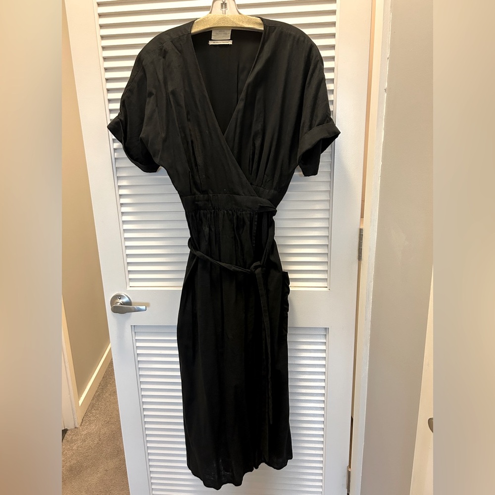 Women's Medium (8-10) Black Linen/Cotton Wrap Midi Dress